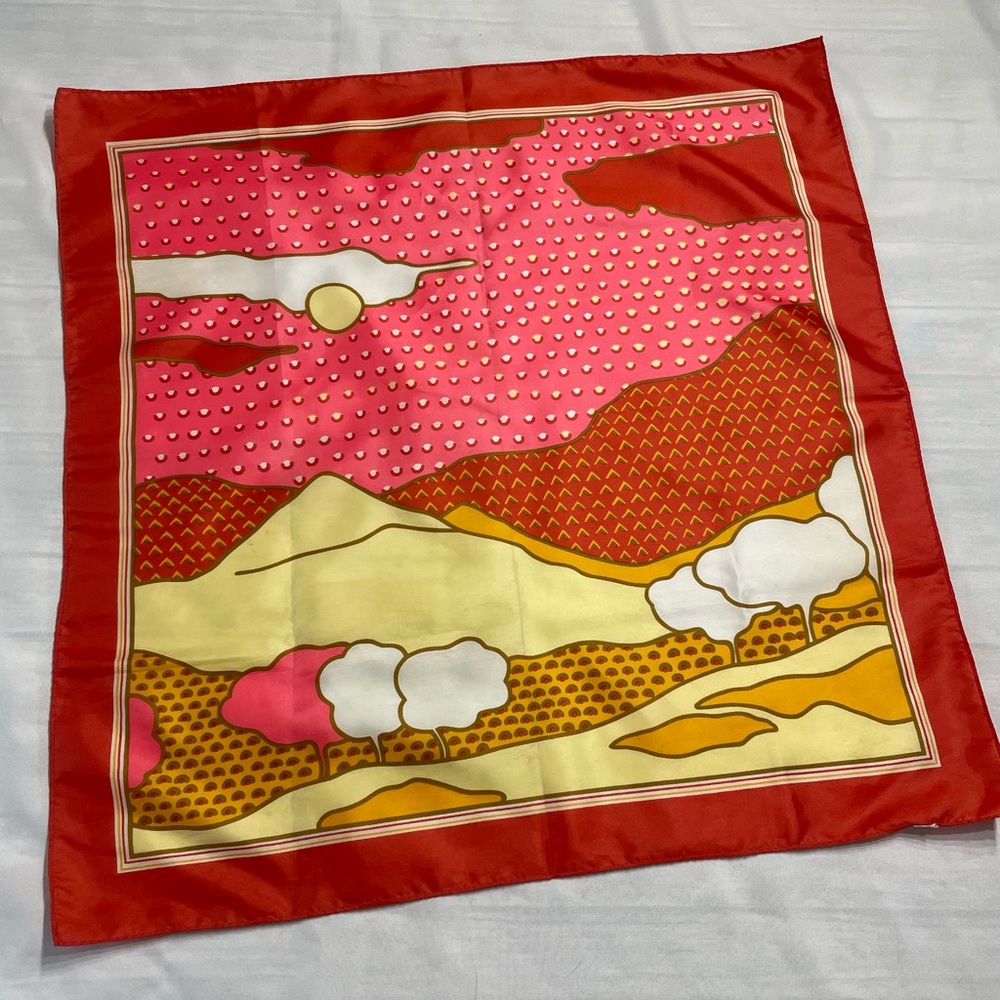 VINTAGE 27”x27” Totes Rain Scarf 100% Polyester Red/Yellow Abstract Landscape
